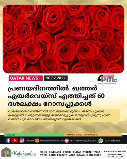 പ്രണയദിനത്തിൽ ഖത്തർ എയർവേയ്സ് എത്തിച്ചത് 60 ദശലക്ഷം റോസപ്പൂക്കൾ പ്രണയദിനത്തിൽ ഖത്തർ എയർവേയ്സ് എത്തിച്ചത് 60 ദശലക്ഷം റോസപ്പൂക്കൾ