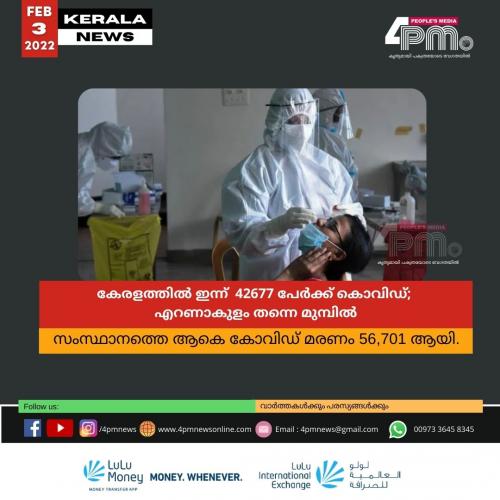 കേരളത്തിൽ ഇന്ന്  42677 പേർക്ക് കൊവിഡ്;  എറണാകുളം തന്നെ മുമ്പിൽ