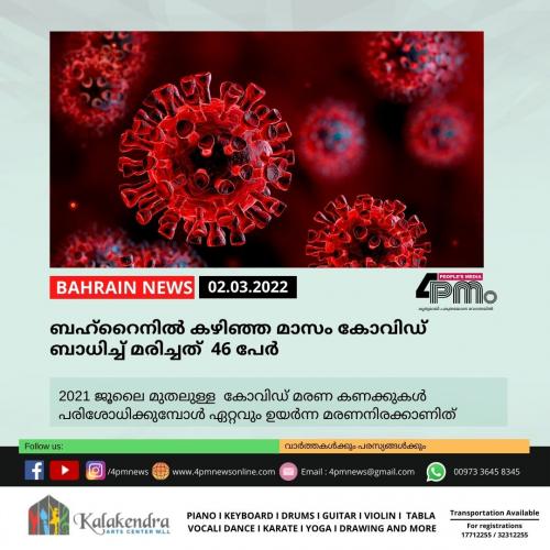ബഹ്റൈനിൽ കഴിഞ്ഞ മാസം കോവിഡ് ബാധിച്ച് മരിച്ചത് 46 പേർ