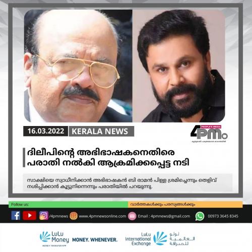 ദിലീപിന്‍റെ അഭിഭാഷകൻ രാമൻ ‍പിള്ളക്കെതിരെ പരാതി നൽകി ആക്രമിക്കപ്പെട്ട നടി 