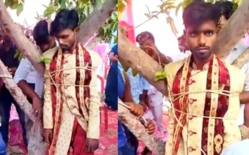 വിവാഹത്തിനിടെ സ്ത്രീധനം ആവശ്യപ്പെട്ട വരനെ മരത്തില് കെട്ടിയിട്ടു വിവാഹത്തിനിടെ സ്ത്രീധനം ആവശ്യപ്പെട്ട വരനെ മരത്തില് കെട്ടിയിട്ടു