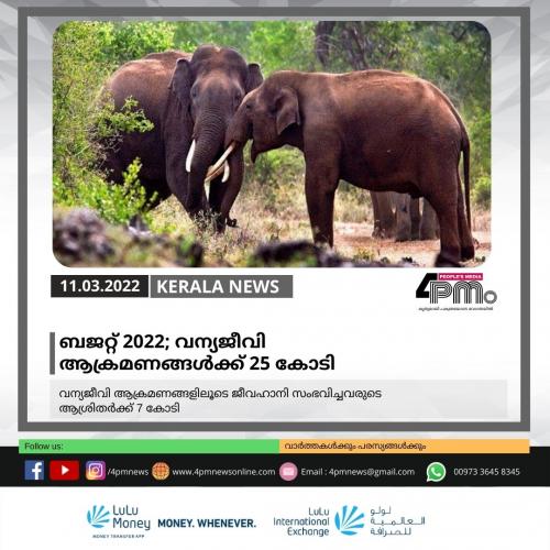 ബജറ്റ് 2022; വന്യജീവി ആക്രമണങ്ങൾക്ക് 25 കോടി ബജറ്റ് 2022; വന്യജീവി ആക്രമണങ്ങൾക്ക് 25 കോടി