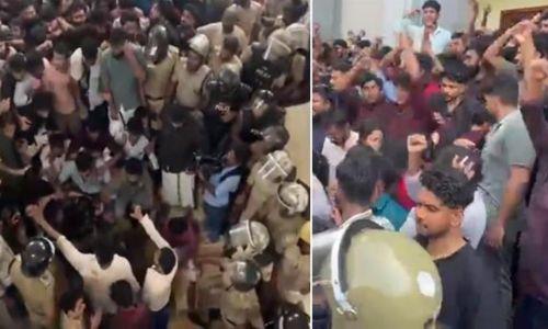 കേരളാ സർവകലാശാല ആസ്ഥാനം വളഞ്ഞ് എസ്എഫ്ഐ, സെനറ്റ് ഹാളിൽ കടന്ന് പ്രതിഷേധം; വൻ സംഘർഷം. കേരളാ സർവകലാശാല ആസ്ഥാനം വളഞ്ഞ് എസ്എഫ്ഐ, സെനറ്റ് ഹാളിൽ കടന്ന് പ്രതിഷേധം; വൻ സംഘർഷം.