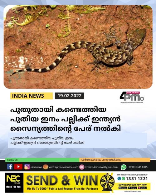 പുതുതായി കണ്ടെത്തിയ പുതിയ ഇനം പല്ലിക്ക് ഇന്ത്യൻ സൈന്യത്തിന്റെ പേര് നൽകി പുതുതായി കണ്ടെത്തിയ പുതിയ ഇനം പല്ലിക്ക് ഇന്ത്യൻ സൈന്യത്തിന്റെ പേര് നൽകി