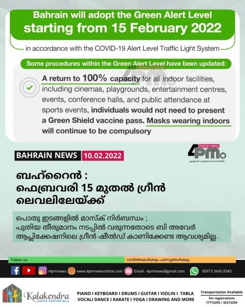 ബഹ്റൈൻ ഫെബ്രവരി 15മുതൽ ഗ്രീൻ ലെവലിലേയ്ക്ക്; പൊതു ഇടങ്ങളിൽ മാസ്ക് നിർബന്ധം