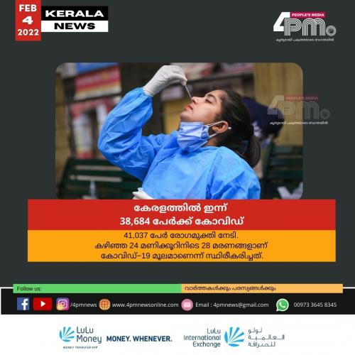 കേരളത്തിൽ ഇന്ന് 38,684 പേർക്ക് കോവിഡ് കേരളത്തിൽ ഇന്ന് 38,684 പേർക്ക് കോവിഡ്