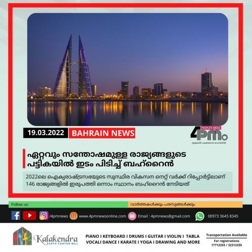 ഏറ്റവും സന്തോഷമുള്ള രാജ്യങ്ങളുടെ പട്ടികയിൽ ഇടം പിടിച്ച് ബഹ്റൈൻ