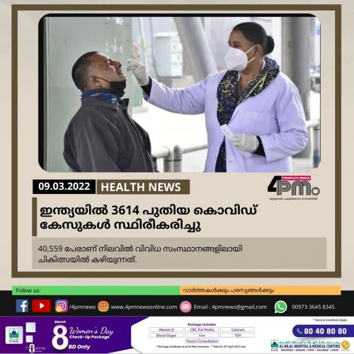 ഇന്ത്യയിൽ 3614 പുതിയ കൊവിഡ് കേസുകൾ‍ സ്ഥിരീകരിച്ചു