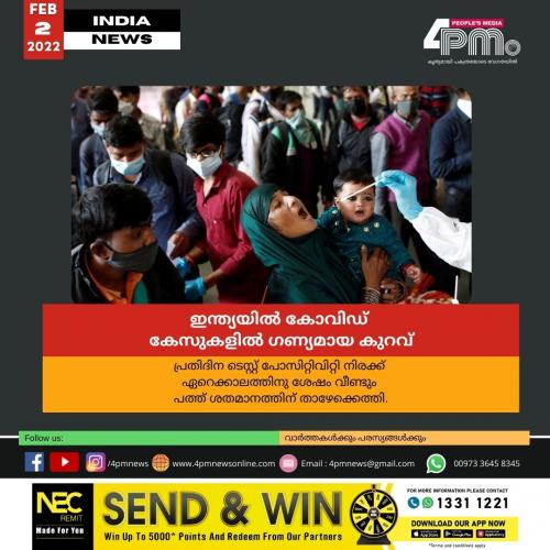 ഇന്ത്യയിൽ കോവിഡ് കേസുകളിൽ ഗണ്യമായ കുറവ് ഇന്ത്യയിൽ കോവിഡ് കേസുകളിൽ ഗണ്യമായ കുറവ്