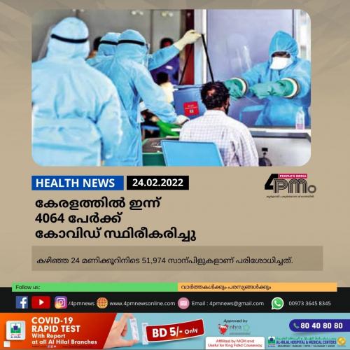 കേരളത്തിൽ ഇന്ന് 4064 പേർക്ക് കോവിഡ് സ്ഥിരീകരിച്ചു കേരളത്തിൽ ഇന്ന് 4064 പേർക്ക് കോവിഡ് സ്ഥിരീകരിച്ചു